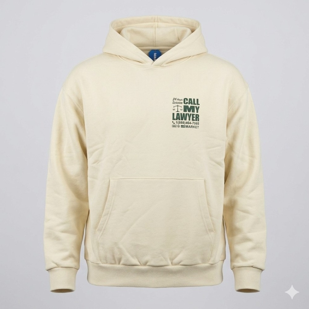 Market "Call My Lawyer" Ivory Colored Men's Pullover Pouch Hoodie. NWT. Size XL